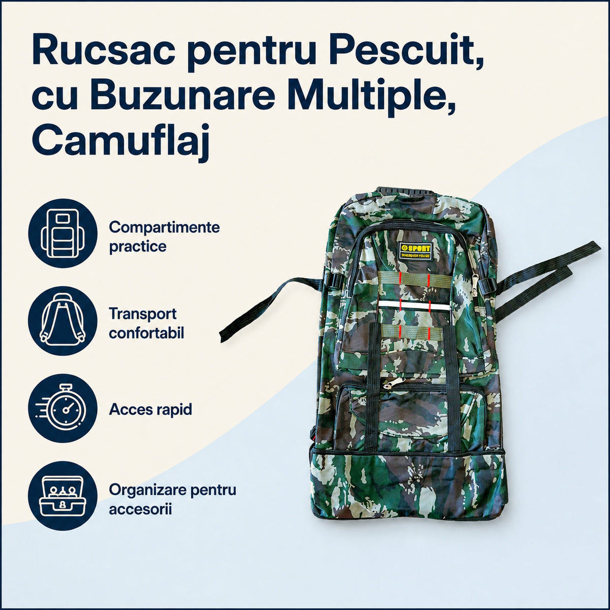 Rucsac pentru Pescuit, cu Buzunare Multiple, Camuflaj – caracteristici și beneficii