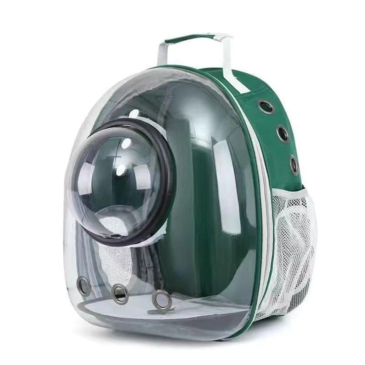 Rucsac transport animale, respirabil, capsula spatiala transparenta, hublou, verde