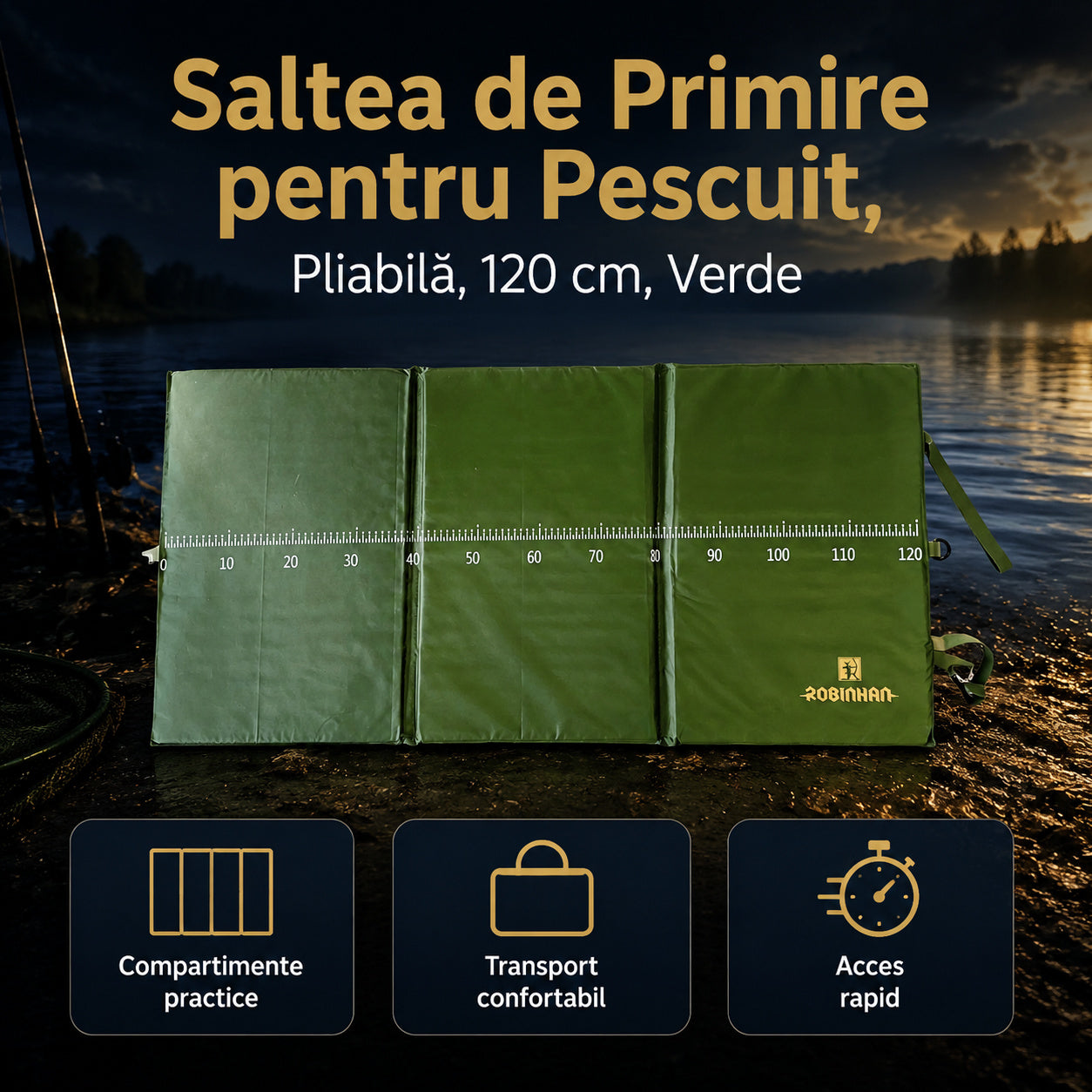 Saltea de Primire pentru Pescuit, Pliabilă, 120 cm, Verde – imagine principală