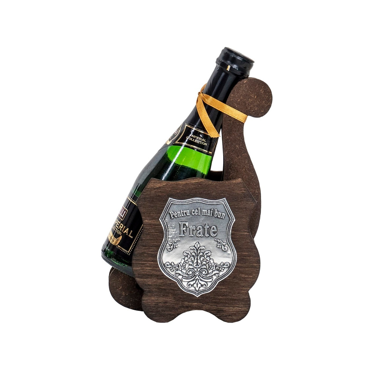 Sampanie demisec Chardonnay 0.2l in suport din lemn, cadou pentru frate