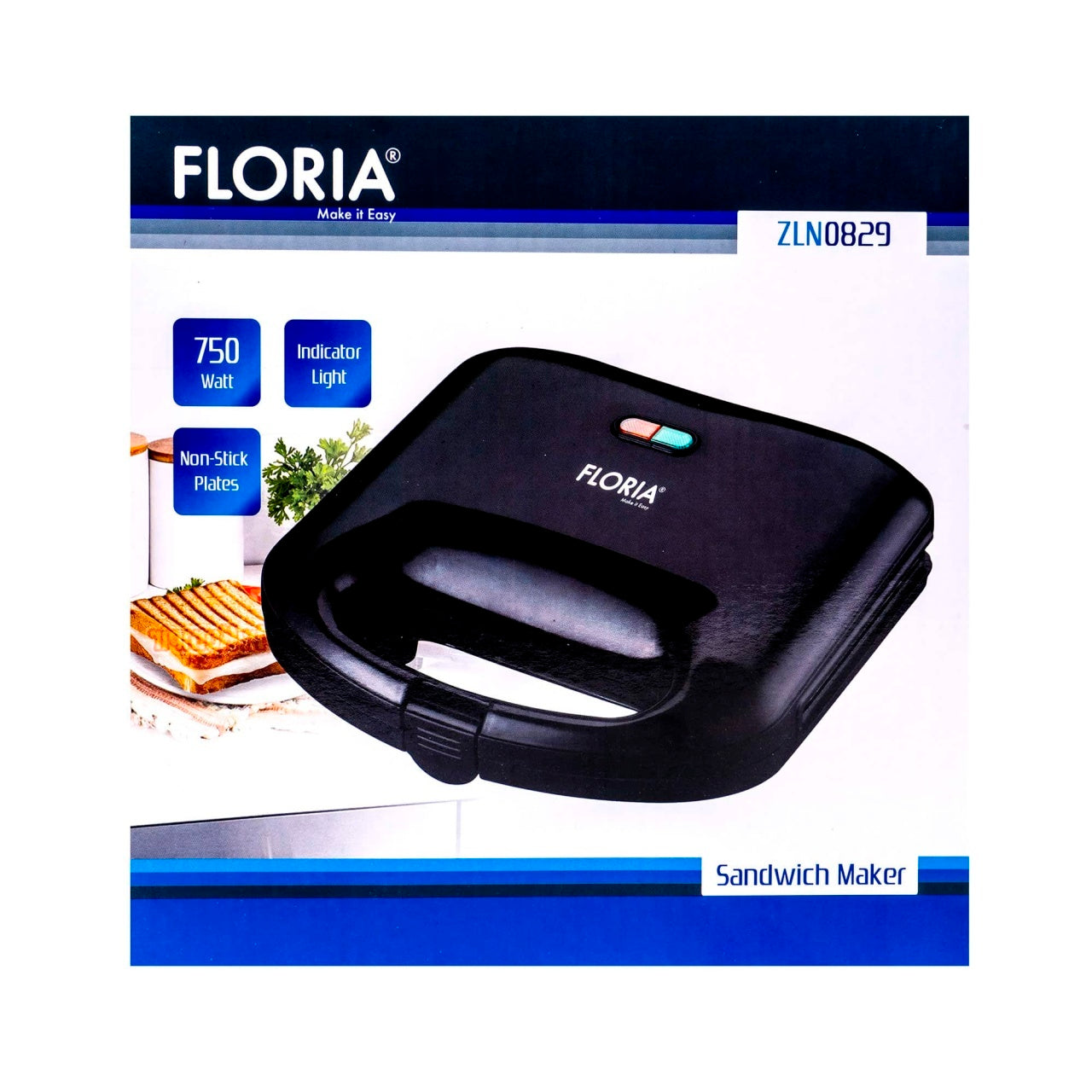 Sandwich maker 750W cu placa grill antiaderenta si indicator luminos