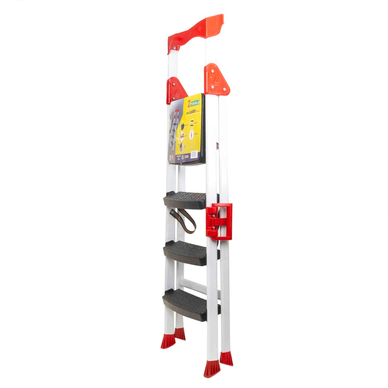 Scara metalica cu 3 trepte si platforma, alb, antiderapanta, suport 150kg