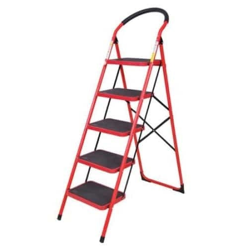 Scara metalica cu 5 trepte late, structura rezistenta si maner ergonomic, rosie