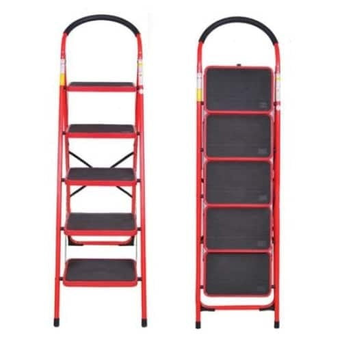Scara metalica cu 5 trepte late, structura rezistenta si maner ergonomic, rosie
