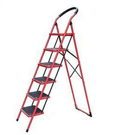 Scara metalica cu 6 trepte late, rosie, trepte antiderapante, maner ergonomic