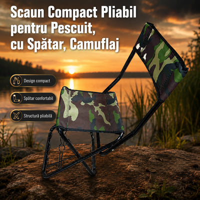 Scaun Compact Pliabil pentru Pescuit, cu Spătar, Camuflaj – imagine principală promoțională
