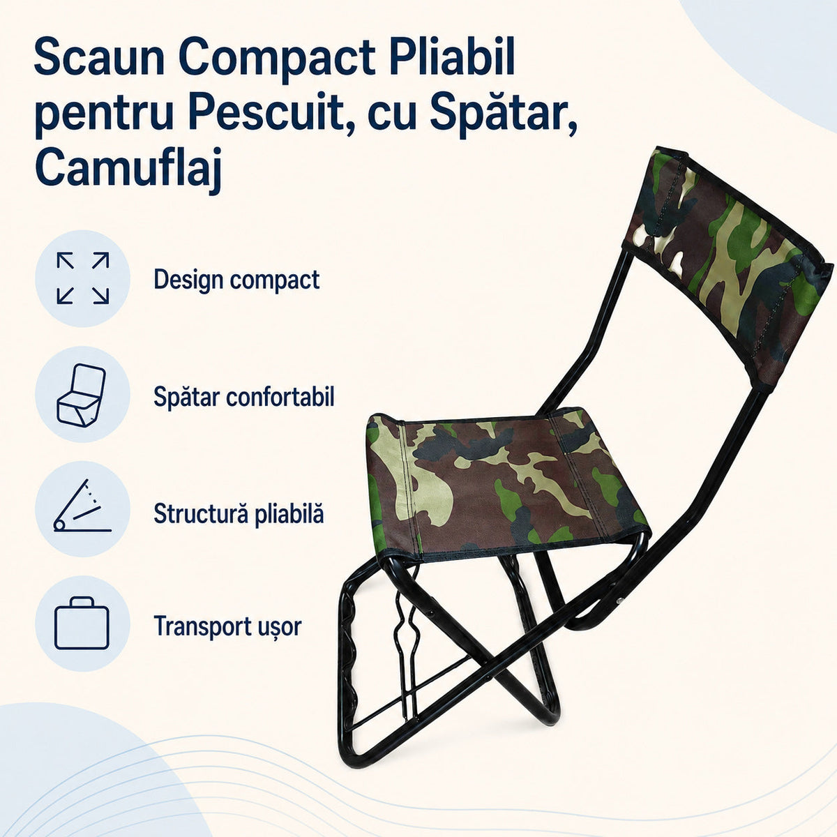 Scaun Compact Pliabil pentru Pescuit, cu Spătar, Camuflaj – caracteristici și beneficii