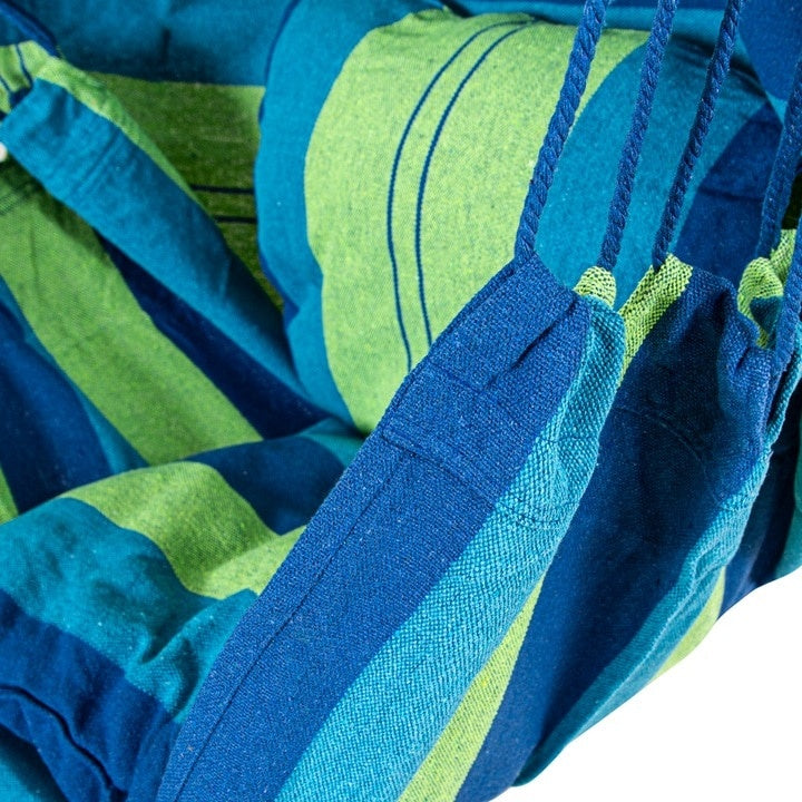 Scaun hamac suspendat, din material textil, dimensiuni 100x120x180cm, cu dpua perne, albastru