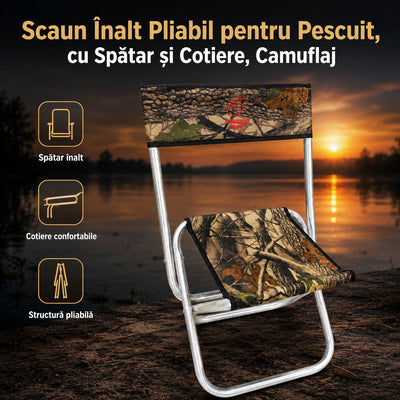 Scaun Înalt Pliabil pentru Pescuit, cu Spătar și Cotiere, Camuflaj – imagine principală promoțională