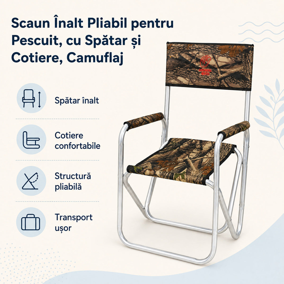 Scaun Înalt Pliabil pentru Pescuit, cu Spătar și Cotiere, Camuflaj – caracteristici și beneficii