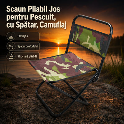 Scaun Pliabil Jos pentru Pescuit, cu Spătar, Camuflaj – imagine principală promoțională