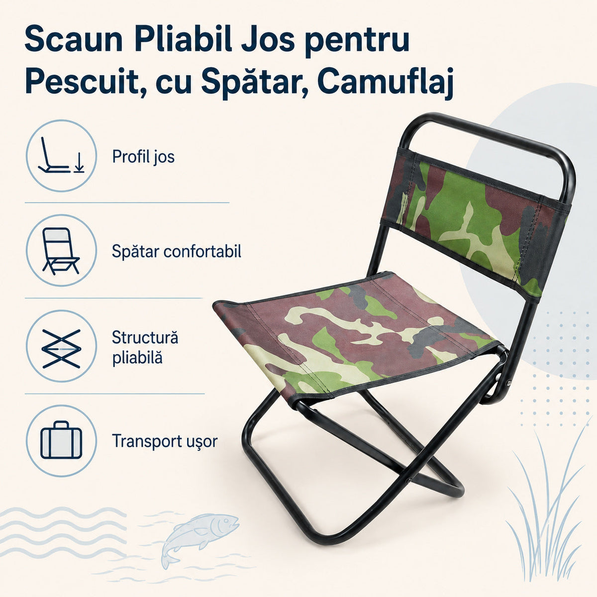 Scaun Pliabil Jos pentru Pescuit, cu Spătar, Camuflaj – caracteristici și beneficii