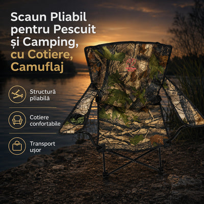 Scaun Pliabil pentru Pescuit și Camping, cu Cotiere, Camuflaj – imagine principală promoțională