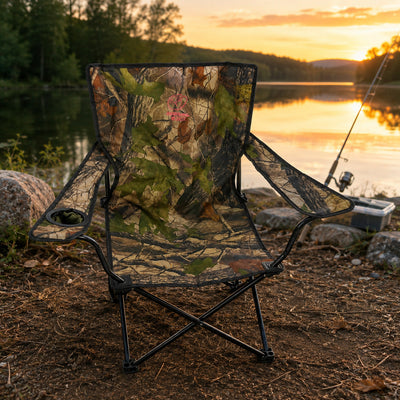 Scaun Pliabil pentru Pescuit și Camping, cu Cotiere, Camuflaj – imagine comercială în ambient