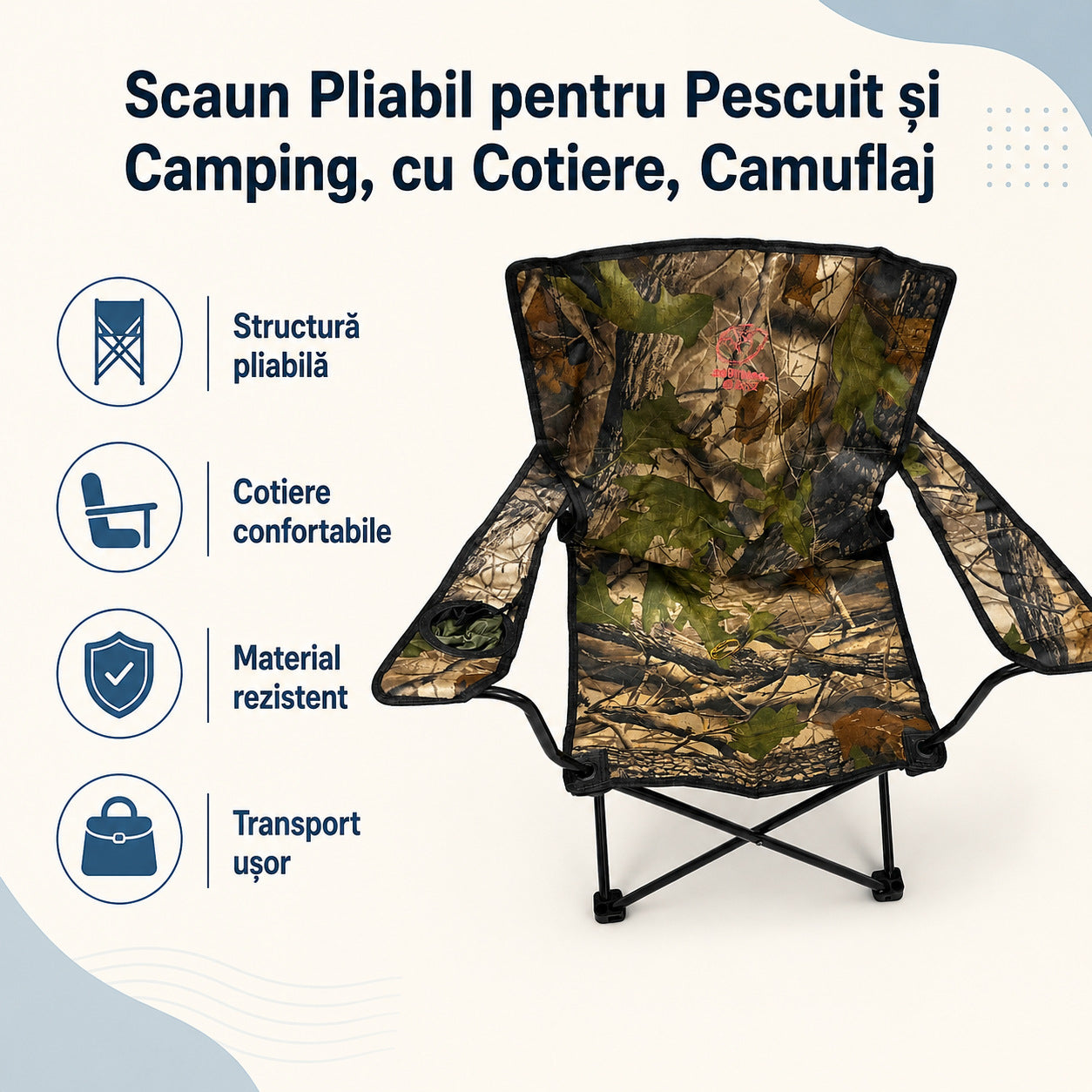 Scaun Pliabil pentru Pescuit și Camping, cu Cotiere, Camuflaj – caracteristici