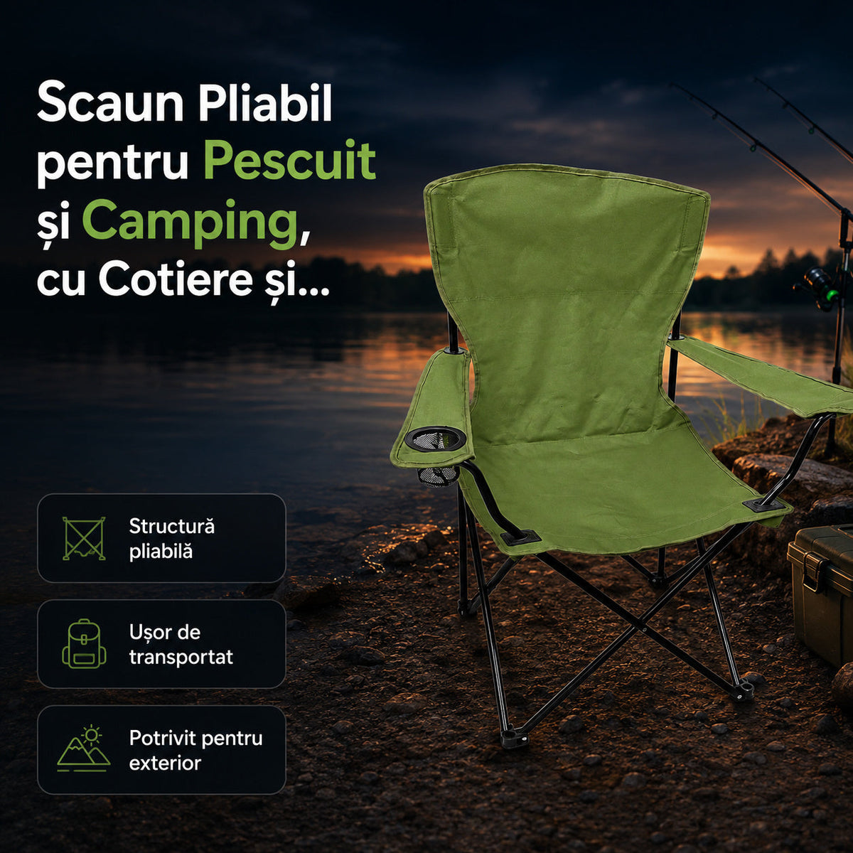Scaun Pliabil pentru Pescuit și Camping, cu Cotiere și Suport Pahar, Verde – imagine principală promoțională