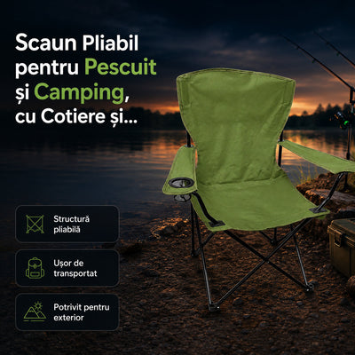Scaun Pliabil pentru Pescuit și Camping, cu Cotiere și Suport Pahar, Verde – imagine principală promoțională