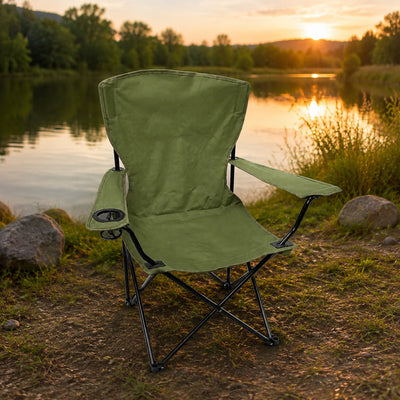 Scaun Pliabil pentru Pescuit și Camping, cu Cotiere și Suport Pahar, Verde – imagine comercială în ambient
