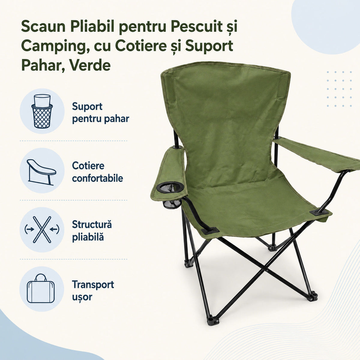 Scaun Pliabil pentru Pescuit și Camping, cu Cotiere și Suport Pahar, Verde – caracteristici și beneficii