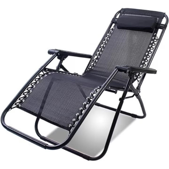 Scaun pliabil tip sezlong, cu cotiera si suport lateral, pentru plaja, terasa, gradina, greutate maxima suportata 120 kg, din metal si textil, negru