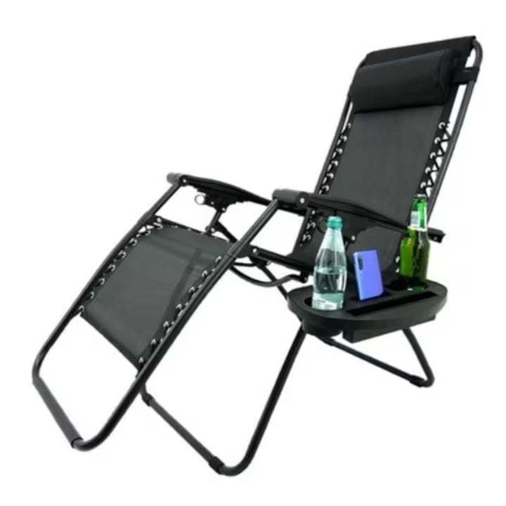 Scaun pliabil tip sezlong, cu cotiera si suport lateral, pentru plaja, terasa, gradina, greutate maxima suportata 120 kg, din metal si textil, negru