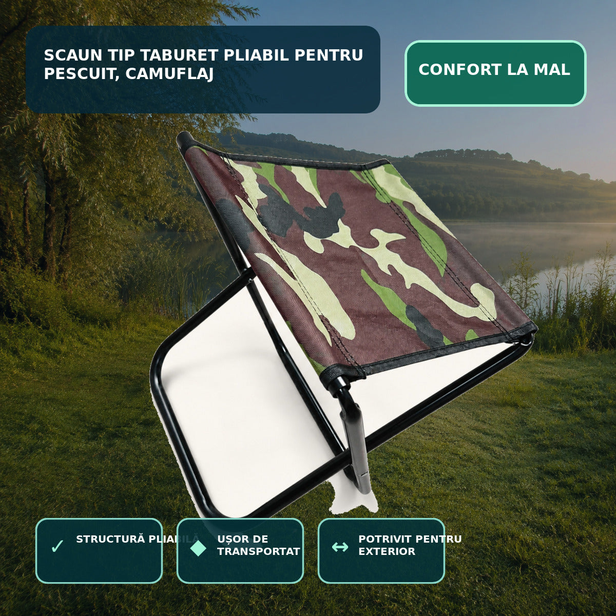 Scaun Tip Taburet Pliabil pentru Pescuit, Camuflaj – imagine principală