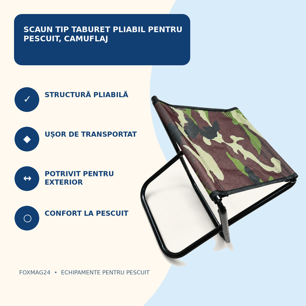 Scaun Tip Taburet Pliabil pentru Pescuit, Camuflaj – caracteristici