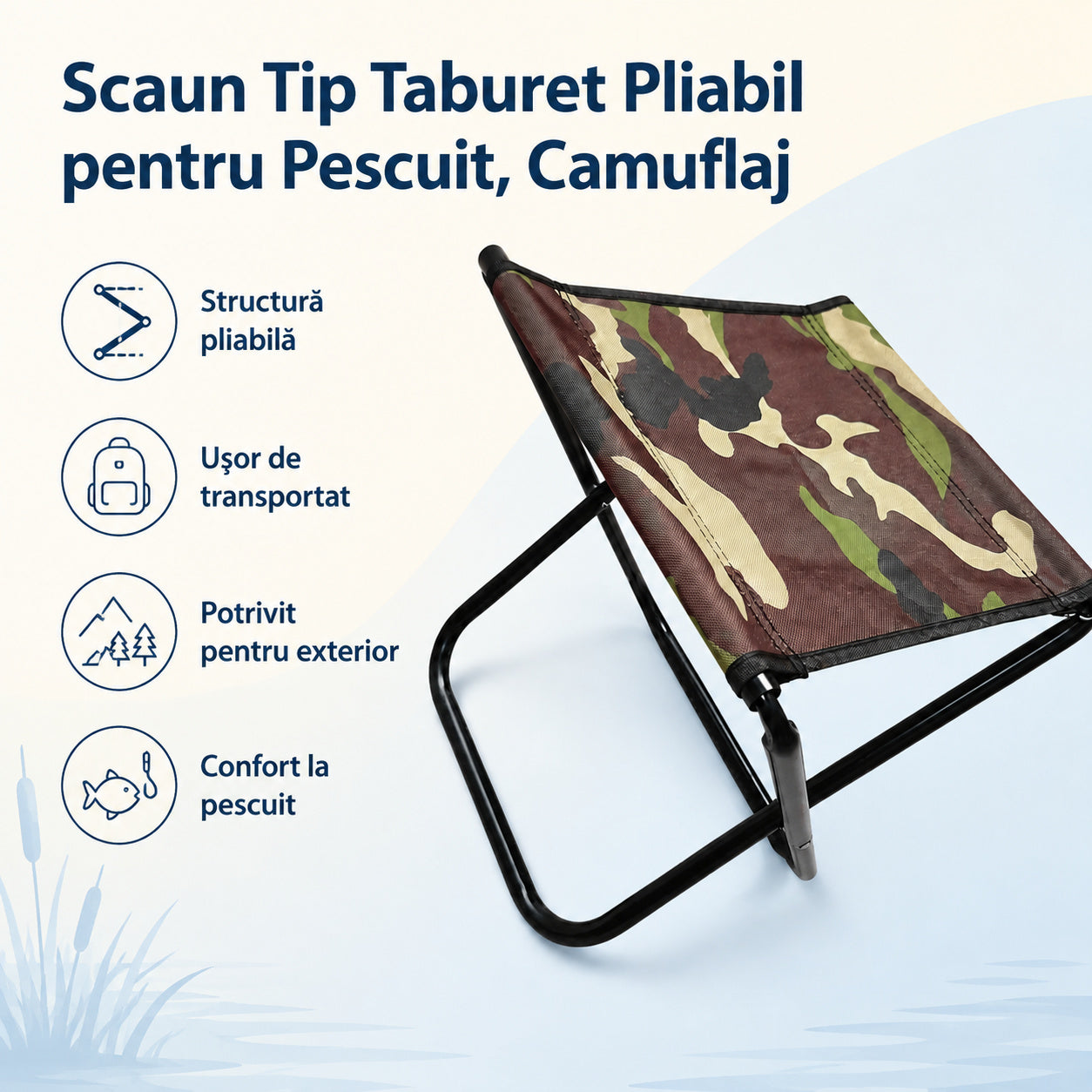 Scaun Tip Taburet Pliabil pentru Pescuit, Camuflaj – caracteristici