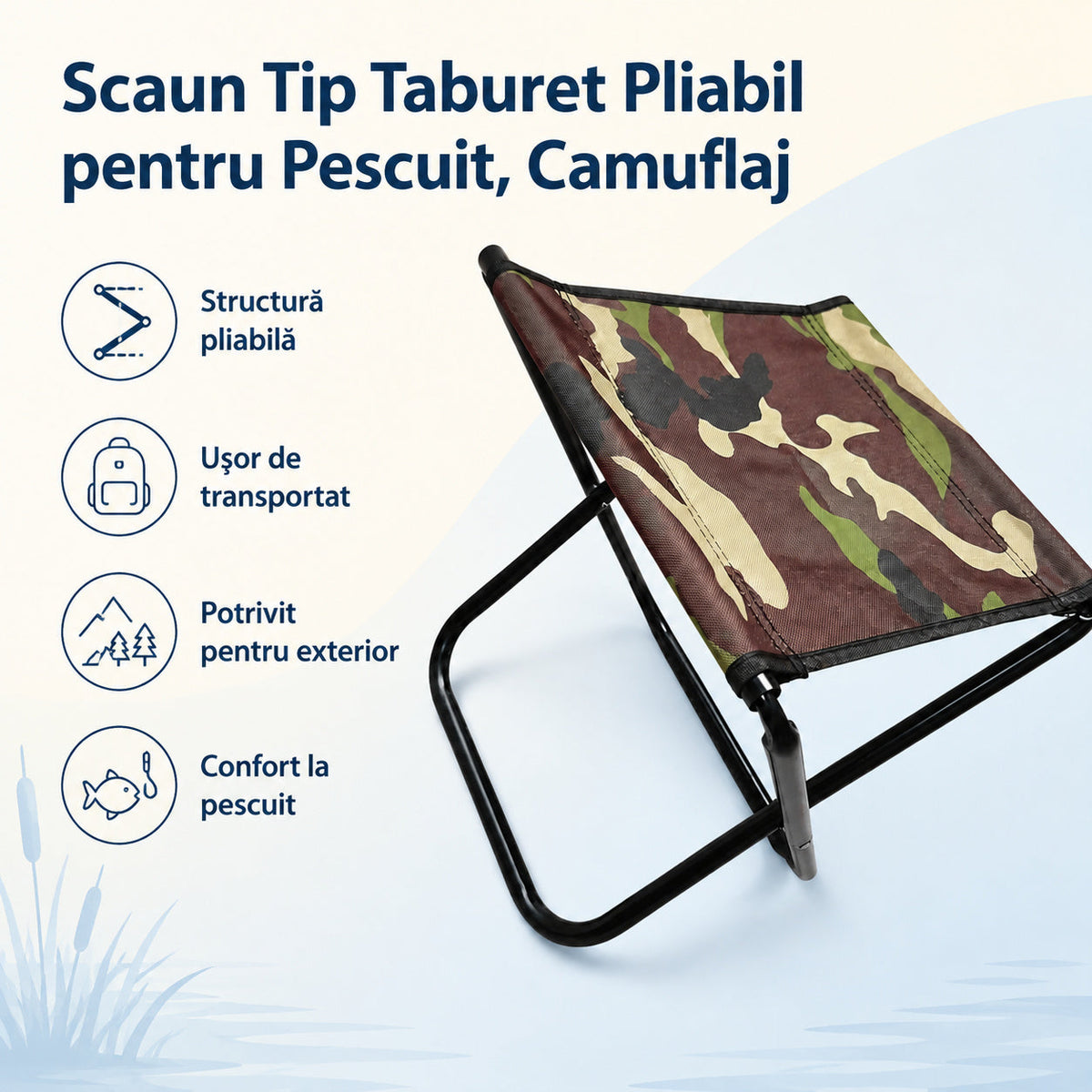 Scaun Tip Taburet Pliabil pentru Pescuit, Camuflaj – caracteristici și beneficii