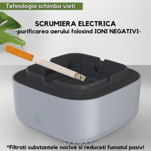 Scrumiera electrica multifunctionala, cu purificator de aer, odorizant pentru eliminarea mirosului neplacut, aspiratie 360 de grade, negru/gri