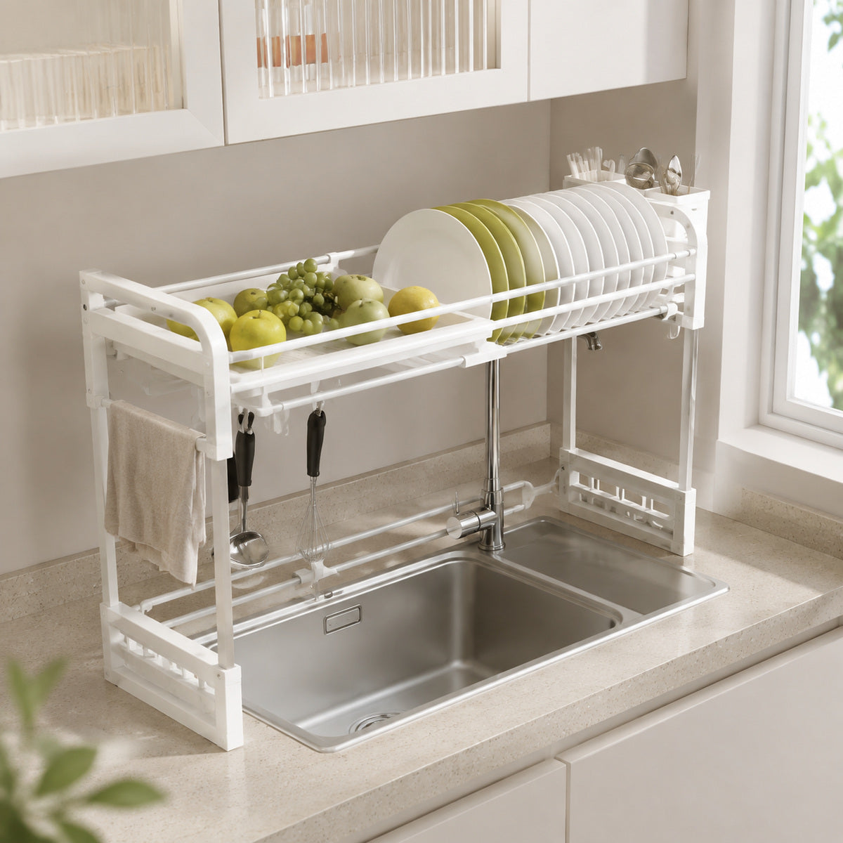 Scurgător de Vase Extensibil cu 2 Niveluri și Tavă, Alb – imagine comercială