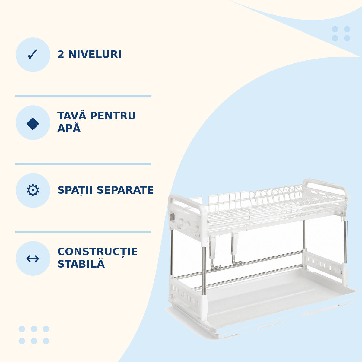 Scurgător de Vase Extensibil cu 2 Niveluri și Tavă, Alb – caracteristici