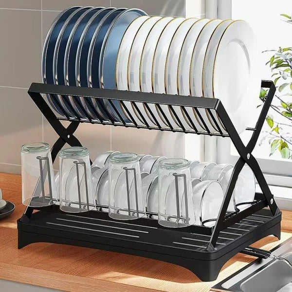 Scurgator vase cu 2 nivele, pliabil, sistem de scurgere a apei, dimensiuni 42 (L) cm x 30 (l) cm x 29.5 (H) cm, din metal si plastic, negru