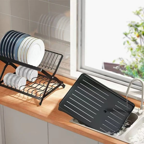 Scurgator vase cu 2 nivele, pliabil, sistem de scurgere a apei, dimensiuni 42 (L) cm x 30 (l) cm x 29.5 (H) cm, din metal si plastic, negru