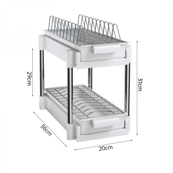 Scurgator vase, cu 2 nivele, sistem de glisare si scurgere a apei, dimensiuni 38 x 20 x 31 cm, din metal si plastic, alb