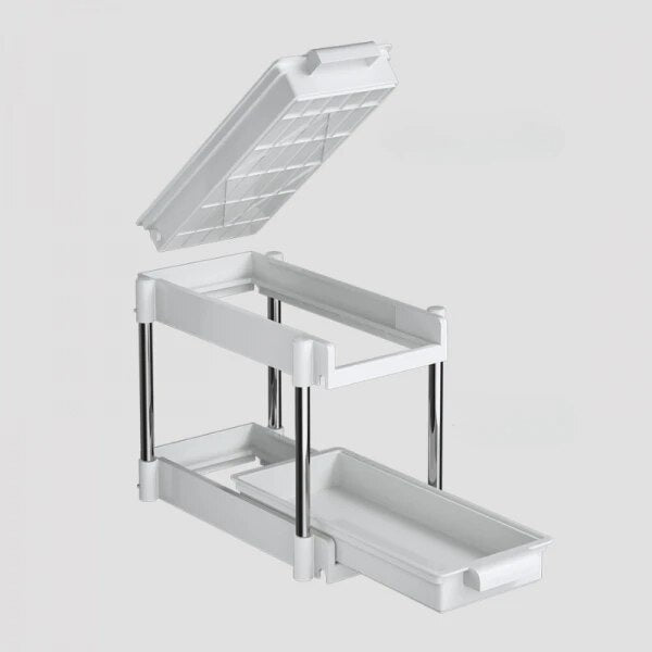 Scurgator vase, cu 2 nivele, sistem de glisare si scurgere a apei, dimensiuni 38 x 20 x 31 cm, din metal si plastic, alb