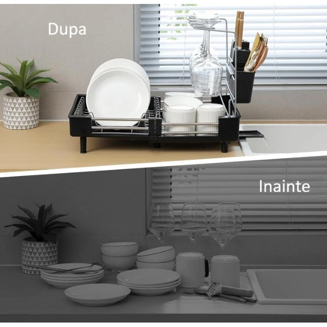 Scurgator vase cu suport pentru pahare, extensibil, cu fanta pentru scurgerea apei, dimensiuni 32-47 x 34 x 38.5 cm, din metal, negru