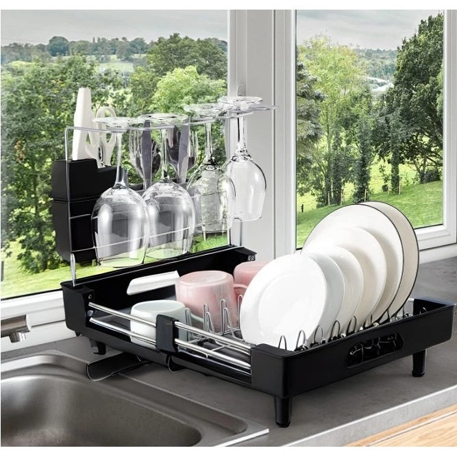 Scurgator vase cu suport pentru pahare, extensibil, cu fanta pentru scurgerea apei, dimensiuni 32-47 x 34 x 38.5 cm, din metal, negru