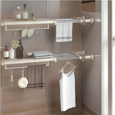 Separator telescopic extensibil pentru rafturi de dulap, reglabil 70-120 cm, cu ventuza, pentru compartimentarea dulapului, din metal si ABS, alb