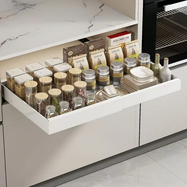 Sertar extensibil din metal, cu 3 glisiere autoadezive, extragere 80%, dimensiuni 31-50 cm x 42 cm x 6 cm, alb
