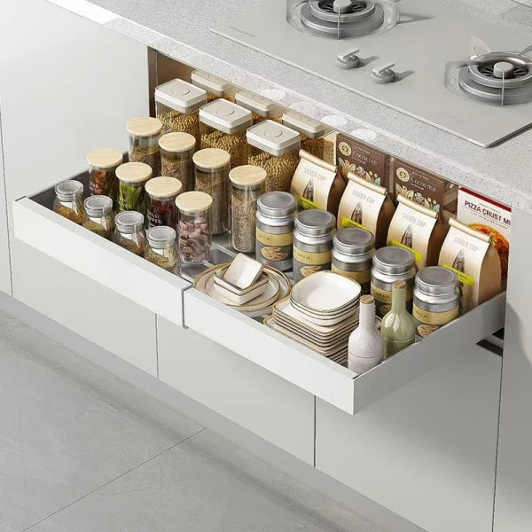 Sertar extensibil din metal, cu 3 glisiere autoadezive, extragere 80%, dimensiuni 31-50 cm x 42 cm x 6 cm, alb