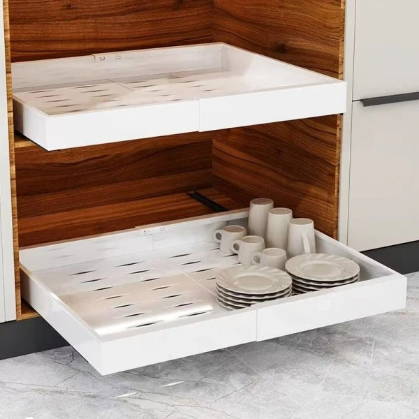 Sertar extensibil din metal, cu 3 glisiere autoadezive, extragere 80%, dimensiuni 31-50 cm x 42 cm x 6 cm, alb