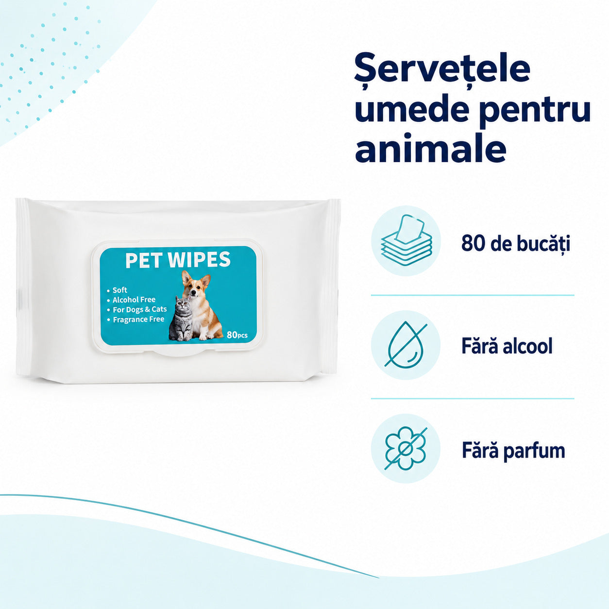 Șervețele Umede pentru Câini și Pisici, Fără Alcool și Parfum, 80 Bucăți – imagine 3