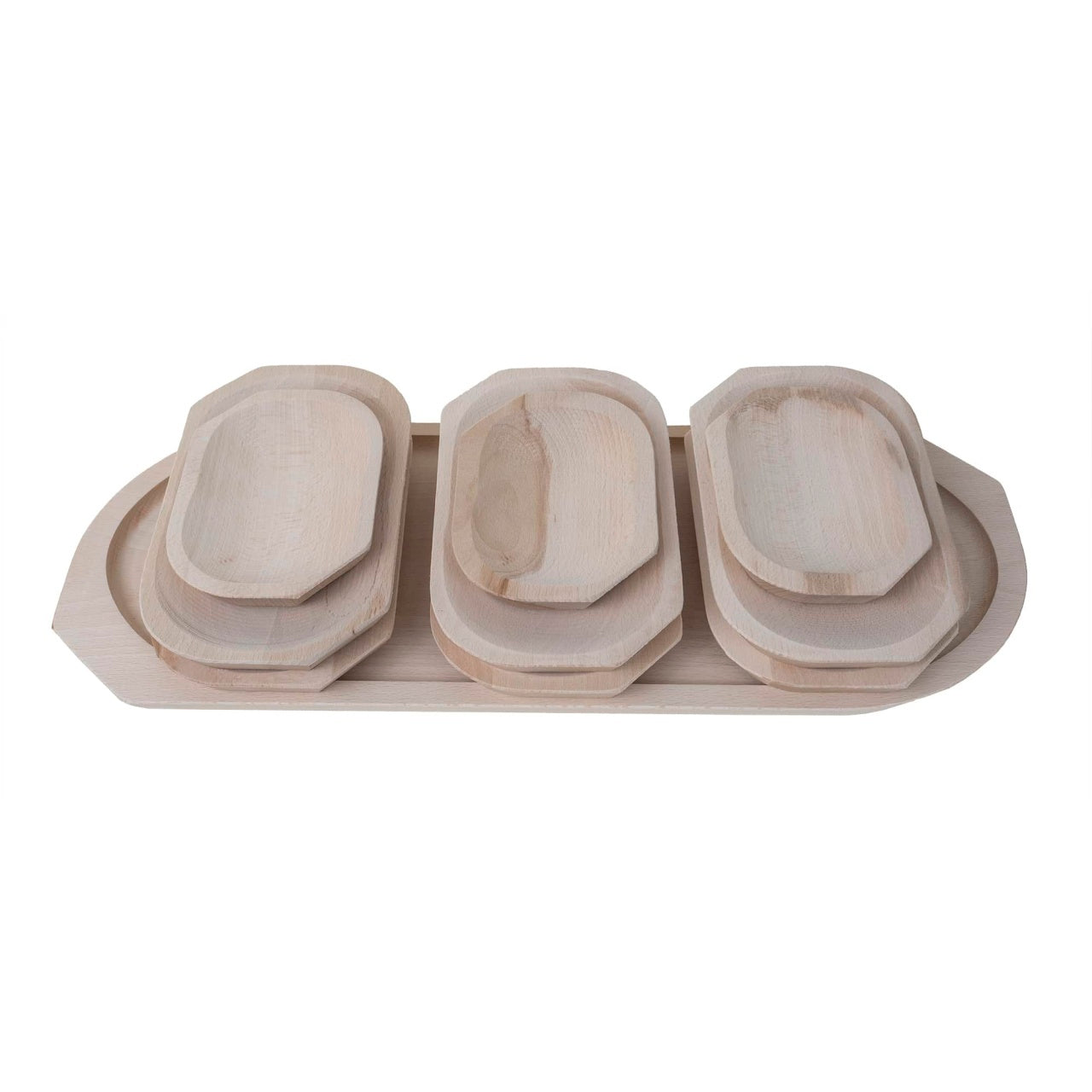 Set 10 platouri din lemn pentru servire, diverse dimensiuni, culoare fag