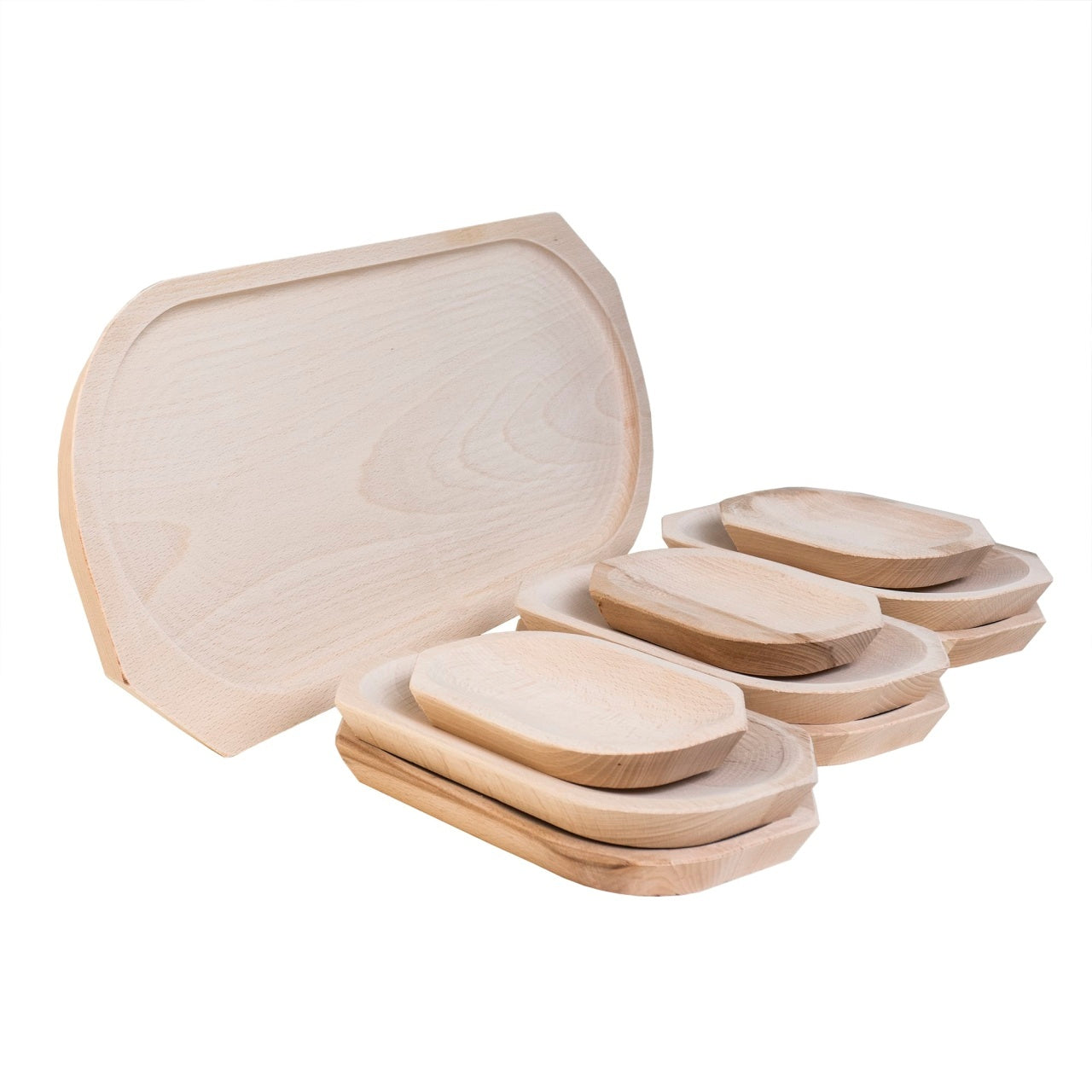 Set 10 platouri din lemn pentru servire, diverse dimensiuni, culoare fag
