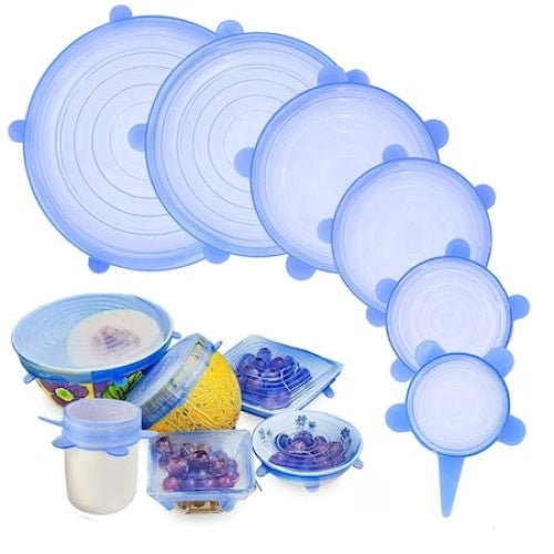 Set 12 capace din silicon, pentru vase fara capac, extensibile, reutilizabile, diferite dimensiuni, albastru