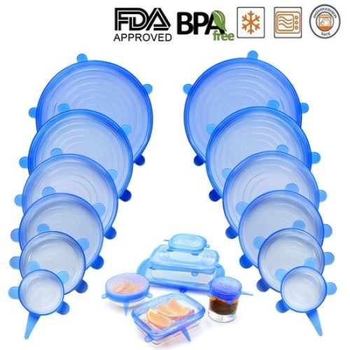 Set 12 capace din silicon, pentru vase fara capac, extensibile, reutilizabile, diferite dimensiuni, albastru