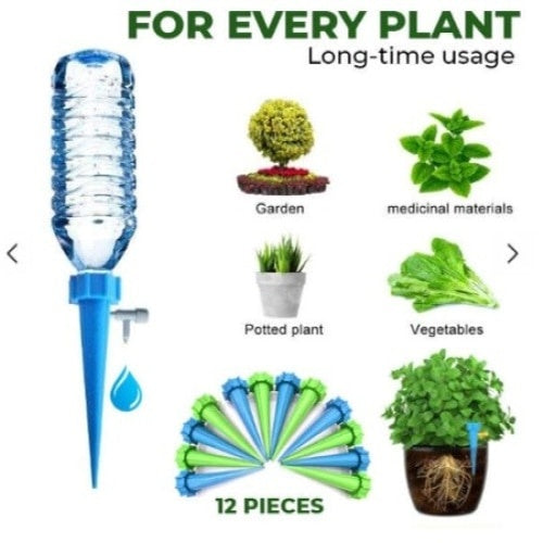 Set 12 picuratoare pentru ghivece, din plastic, cu valva pentru irigare, albastru si verde