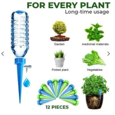 Set 12 picuratoare pentru ghivece, din plastic, cu valva pentru irigare, albastru si verde
