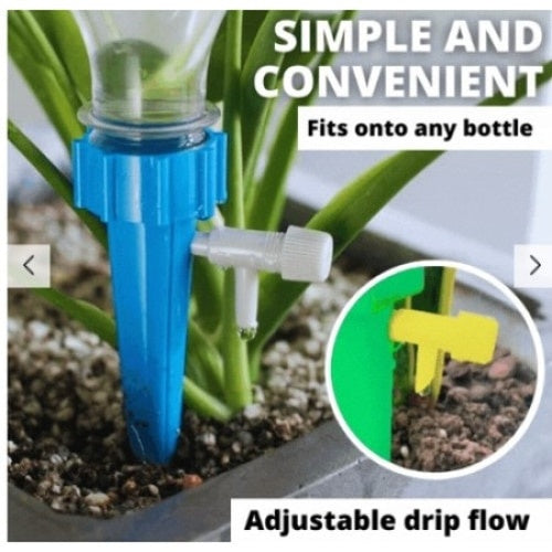 Set 12 picuratoare pentru ghivece, din plastic, cu valva pentru irigare, albastru si verde